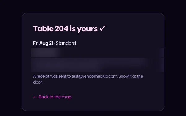 The booking confirmation for a single named table