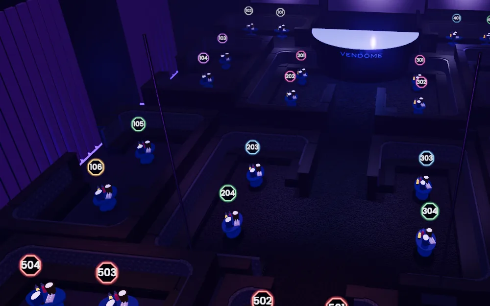 The 3D tour: the full room from above, every booth visible